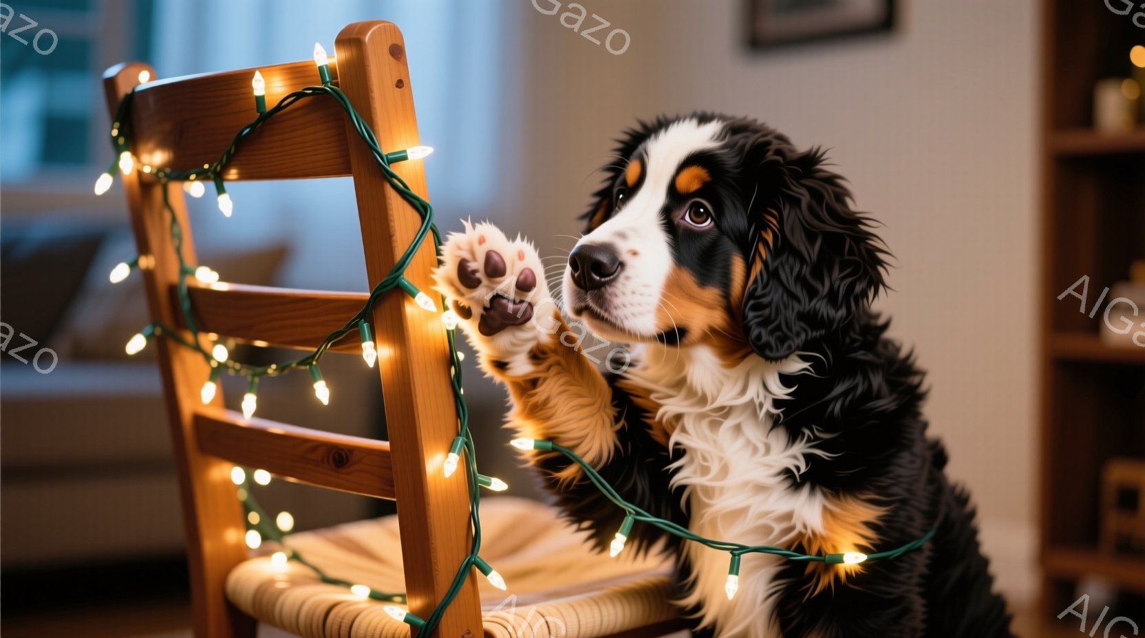 雪が降り積もる窓辺に、ベルン山犬が座っています。犬は外の雪景色をじっと見つめ、少し憂いを帯びた表情を浮かべています。暖炉の光が灯る中、窓枠に置かれたキャンドルが穏やかな光を投げかけ、冬の静寂と温もりを感じさせるシーンです。