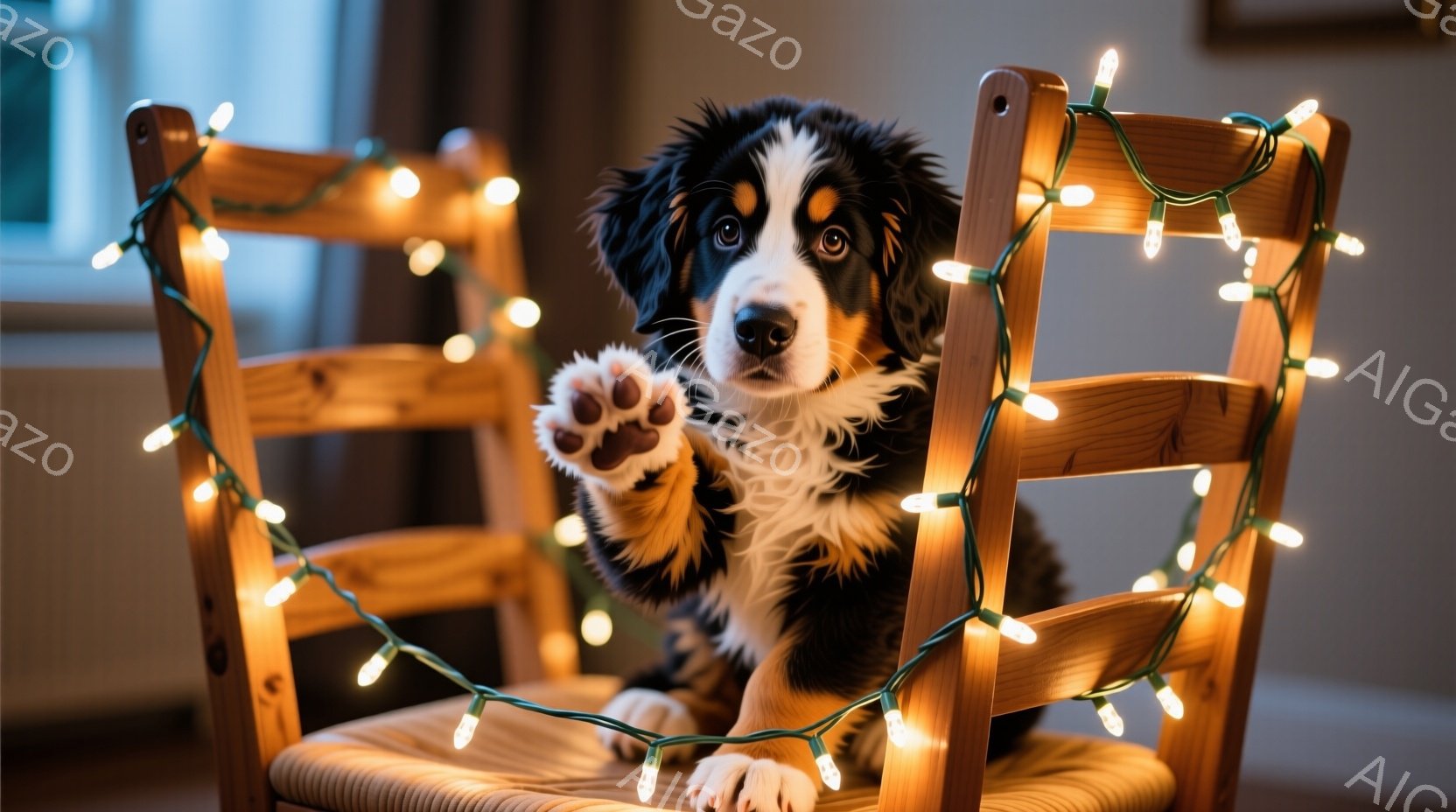 茶色と白の毛並みを持つベルニアン・マウンテン・ドッグの子犬が、装飾用の電飾に囲まれた木製の椅子に座ってこちらを見つめています。前足は少し上げており、愛らしい表情で可愛らしさを引き立てています。背景はぼ - AI生成フリー素材