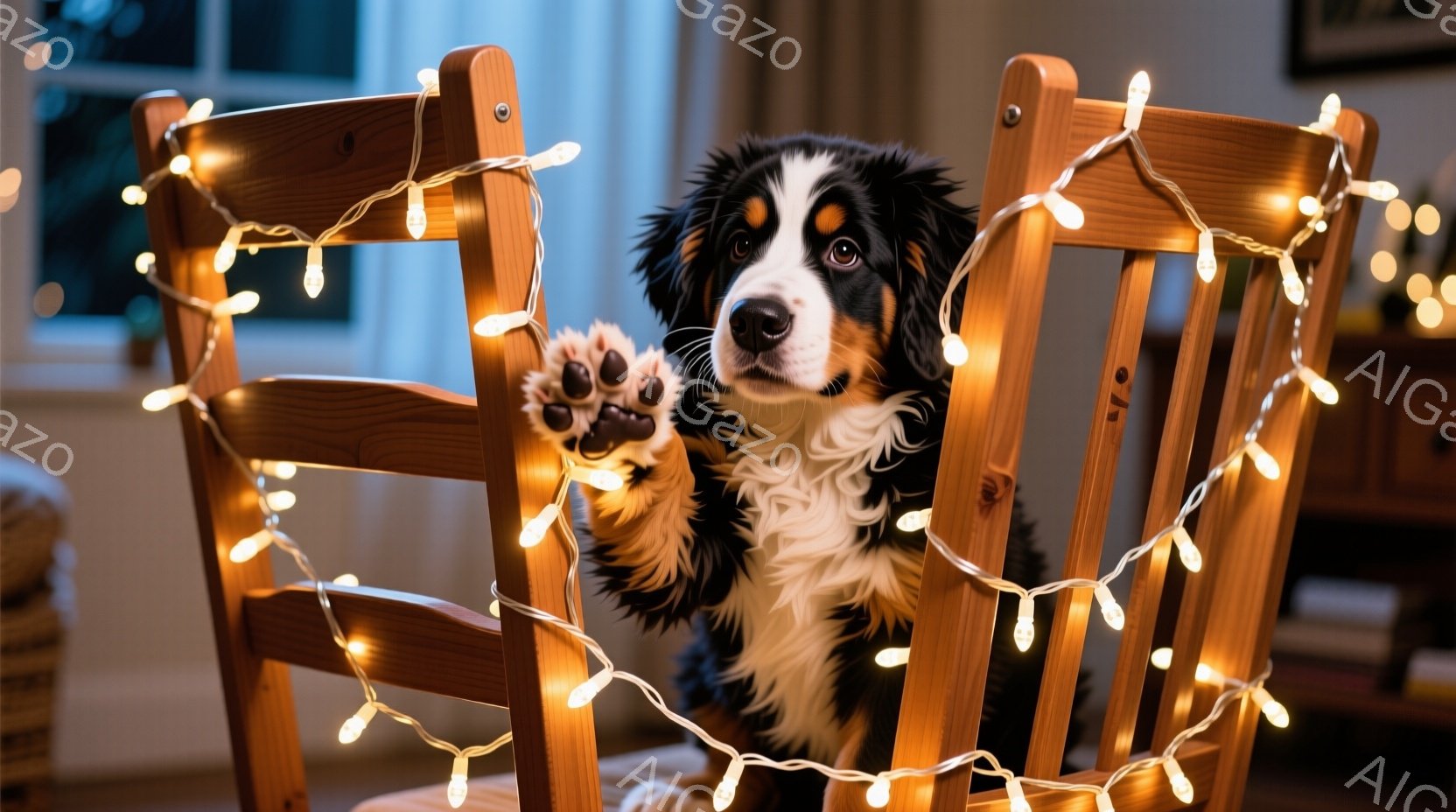 茶色と黒の毛並みを持つバーニーズ・マウンテン・ドッグが、イルミネーションライトに囲まれた木の椅子に座っています。前足は軽く上げていて、少しいたずらっぽい表情でカメラを見つめています。背景はぼやけていますが、暖色系の光が灯っており、リラックスした家庭的な雰囲気が漂っています。
