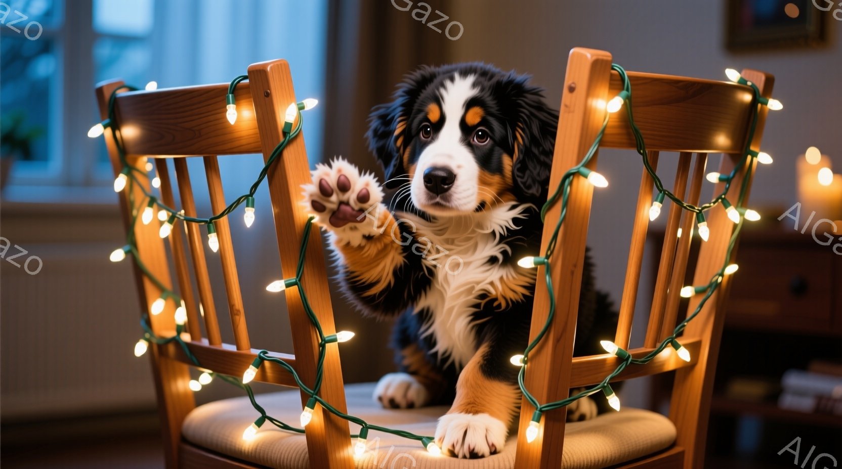 暖炉のある居間に、明るいクリスマスライトで飾られた椅子に座った、ふわふわのバーニーズ・マウンテン・ドッグの子犬がいます。子犬は前足を上げて、まるで何かを掴もうとしているかのような遊び心のある姿勢を見せており、つぶらな瞳には好奇心が溢れています。背景は暖色系の照明で照らされ、クリスマスの温かく穏やかな雰囲気が漂っています。