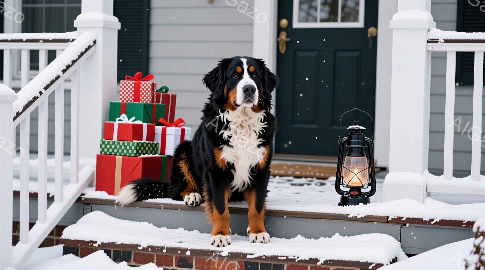 白い雪が積もった家の階段に、大きなバーニーズ・マウンテン・ドッグが座っています。犬は黒と白の毛並みで、まっすぐに座り、カメラの方を見て穏やかな表情を浮かべています。背景には、赤い包装紙で包まれたプレゼントの山と、灯りが灯ったランタンが見え、冬の温かく穏やかな雰囲気を醸し出しています。