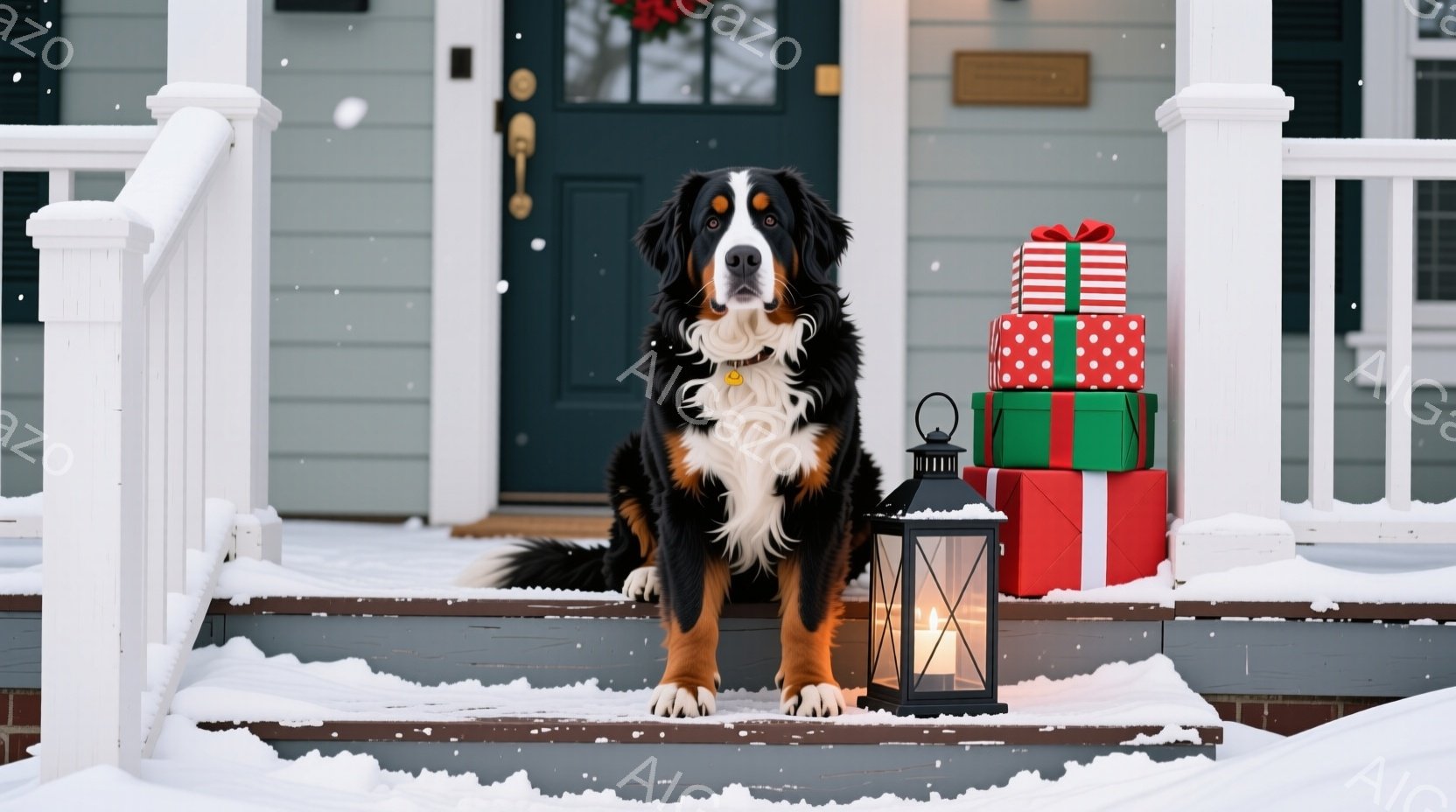 雪が降る家の外階段に、大きなベルンマウンテン・ドッグが座っています。犬は茶色と黒の毛並みで、首輪をつけており、正面を見て落ち着いた表情をしています。背景には、クリスマスプレゼントの積み重ねと提灯が見え - AI生成フリー素材