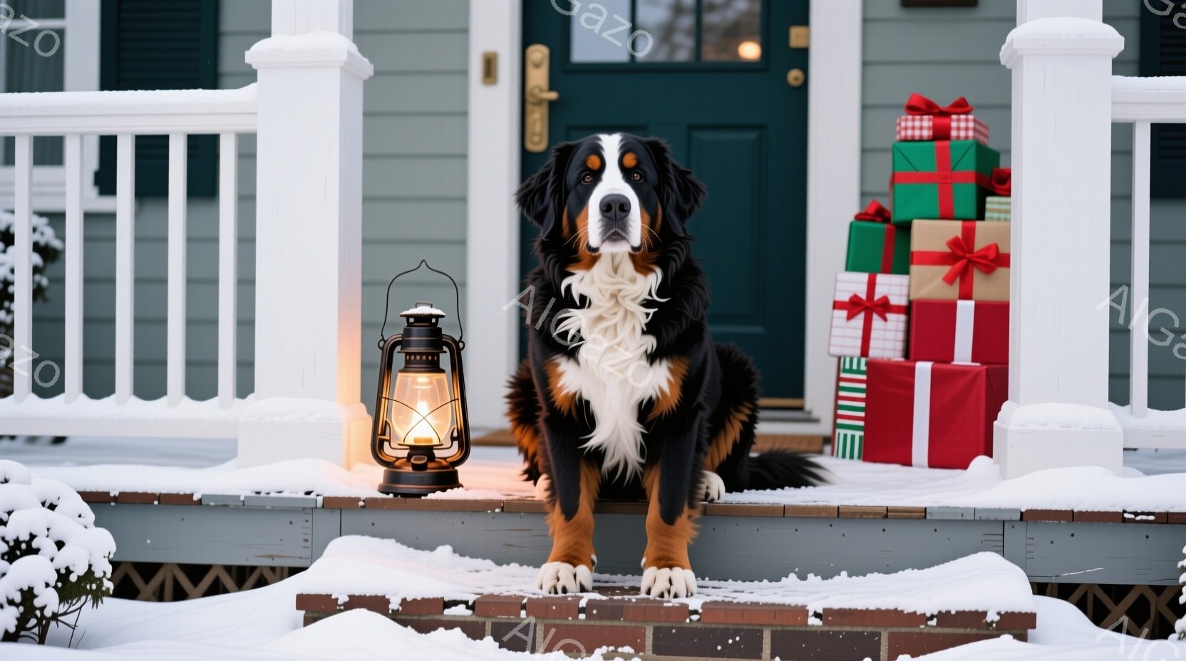 白い雪に覆われた家の外階段に、大きなバーニーズ・マウンテン・ドッグが座っています。その犬は黒と白の毛並みで、穏やかな表情をしており、隣には色とりどりのリボンで飾られたプレゼントの山が置かれています。背景には、雪で覆われた木々や家の外観が見え、クリスマスの温かく穏やかな雰囲気が漂っています。