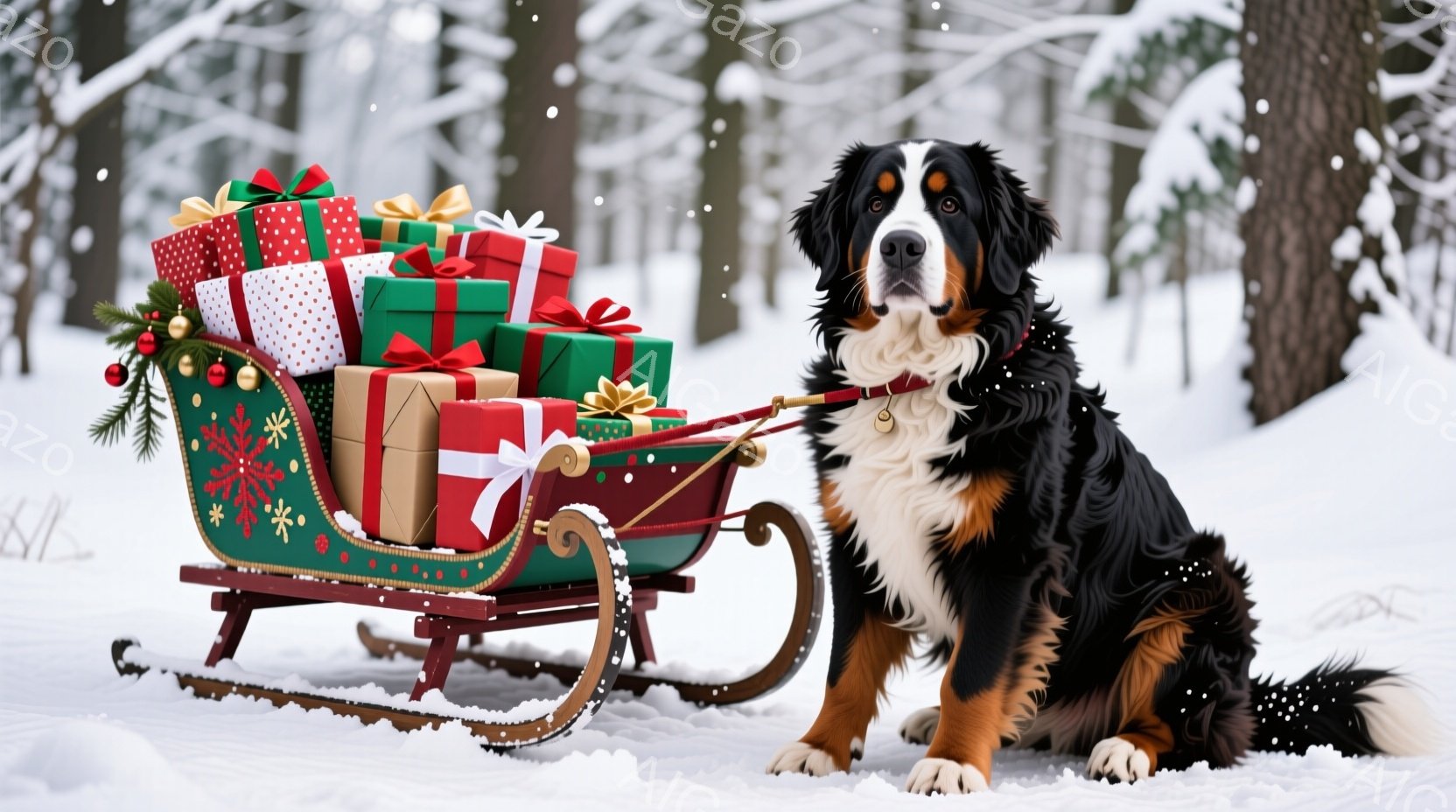 黒と白と茶色のベルネーゼ・マウンテン・ドッグが、クリスマスのプレゼントでいっぱいの赤いそりに寄り添って座っています。そりは緑色の縁取りが施され、松葉や赤い装飾で飾られています。背景は雪に覆われた森で、 - AI生成フリー素材