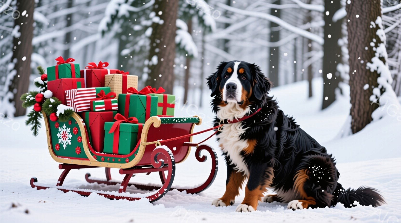 雪景色の中で、プレゼントを積んだ赤いそりが置かれ、そのそばにベルネーゼ・マウンテン・ドッグが座っています。犬は赤い首輪をつけ、前方をまっすぐ見つめており、自信と温かい雰囲気を漂わせています。背景には雪 - AI生成フリー素材