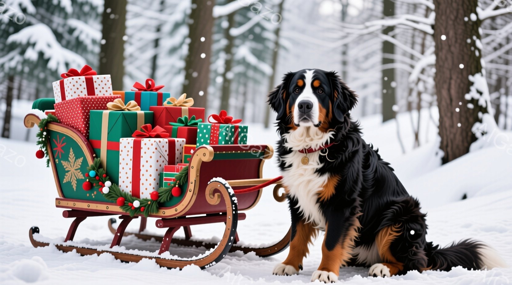 雪景色の中に、プレゼントが積まれた赤いそりが置かれ、その横にベルンマウンテン・ドッグが座っています。犬は首輪をつけており、まっすぐ前を見て穏やかな表情を浮かべています。背景には雪に覆われた木々が立ち並 - AI生成フリー素材