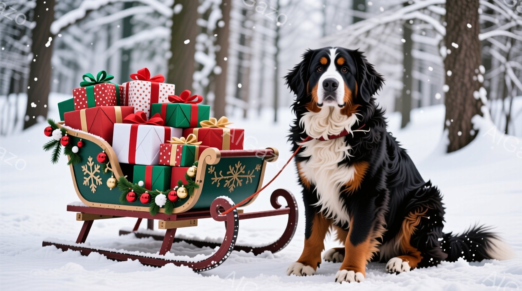 黒と白と茶色の大きな犬が雪の上に座り、赤い首輪をつけています。その前には、プレゼントが積み重ねられた、装飾されたそりが置かれています。背景は雪に覆われた木々で、冬の穏やかな雰囲気が漂っています。 - AI生成フリー素材