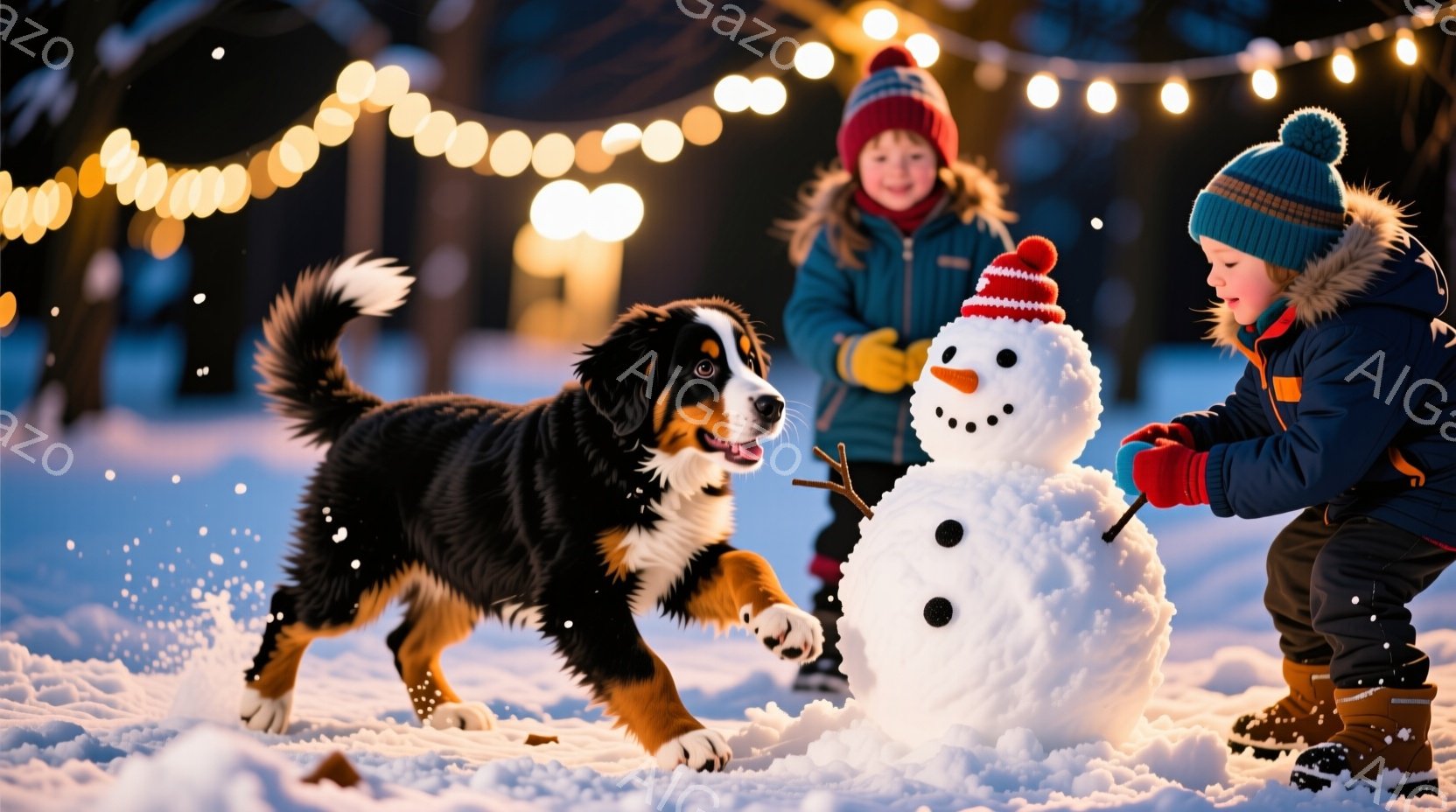雪景色の中で、幼い少年が雪だるまの顔に目や口を付けている。少年は紺色の防寒着にオレンジ色の手袋、ニット帽を被り、楽しそうに雪だるま作りをしている。背景には、点灯したイルミネーションと、活発に雪の中を駆け回るバーニーズマウンテン犬がおり、暖かく幸福な冬の雰囲気が漂っている。