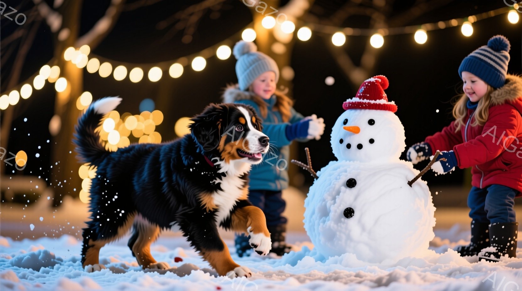 雪が降る夜、茶色と黒の毛並みの犬が、赤い帽子をかぶった雪だるまの横を駆け抜けている。小さな女の子は、毛糸の帽子と赤いジャケットを着て、雪だるまの腕となる枝に触れようと手を伸ばしている。背景にはぼんやり - AI生成フリー素材