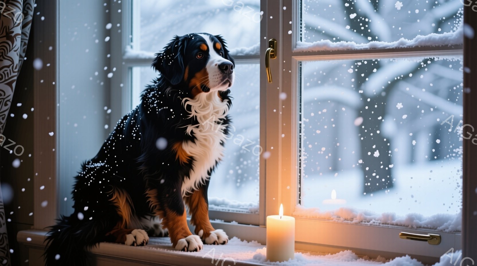 窓辺にベルン山犬が座り、外の雪景色をじっと見つめている。室内には暖かく光るキャンドルが置かれ、冬の静寂と温かさを感じさせる。雪が降り積もり、窓の外は白く一面に覆われ、犬の黒と白の毛並みと対照的である。