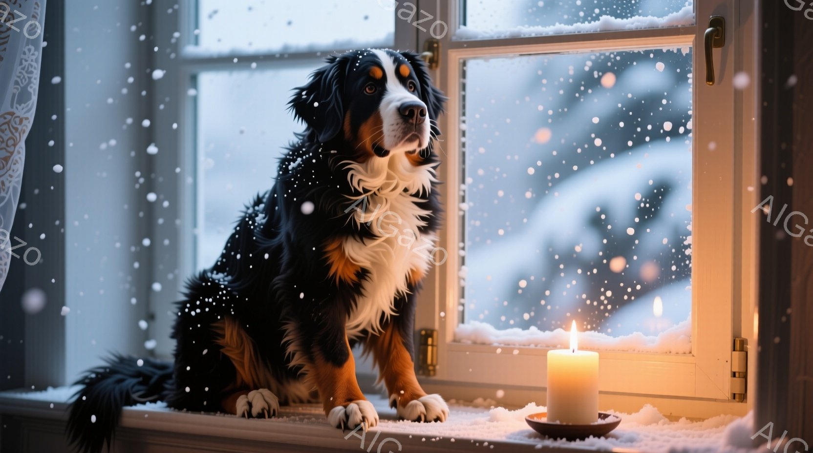 窓辺に座って外を見つめるベルン山犬が印象的な写真です。雪が降る冬の風景を背景に、暖炉の光が灯った窓枠に座り、リラックスした表情を浮かべています。全体的に温かく、穏やかな雰囲気で、冬の静寂と犬の愛らしさが際立っています。