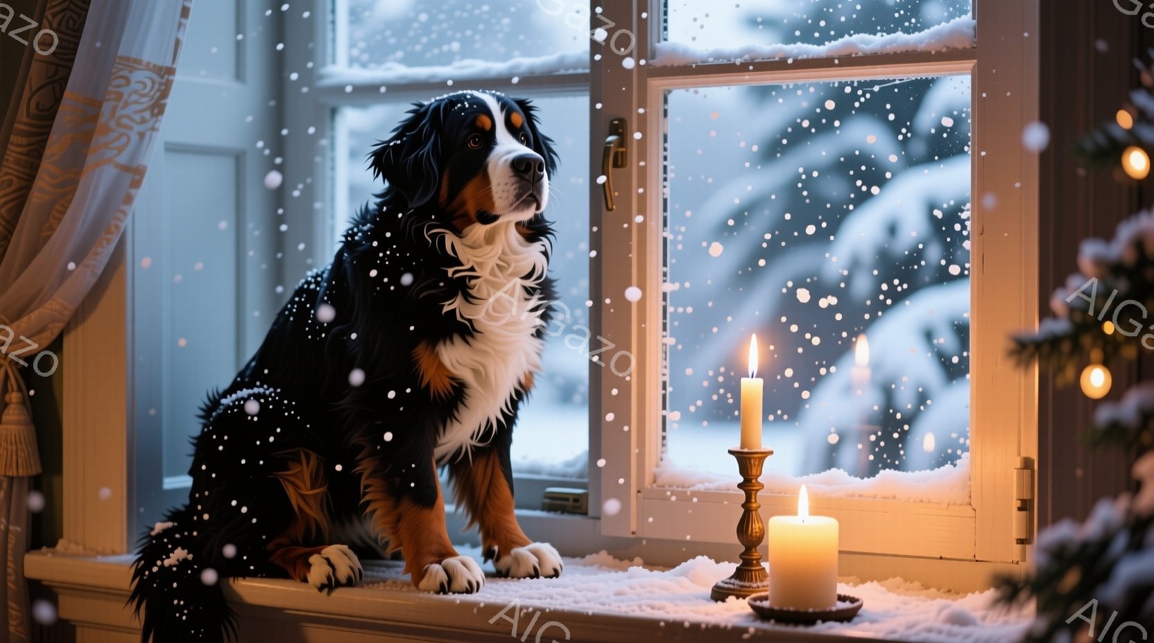 雪が降る窓辺に、ベルニ山犬が座って外を見つめている。窓の外は一面の雪景色で、暖炉の灯りと室内にはキャンドルの光が灯り、温かい雰囲気を醸し出している。犬は静かで穏やかな表情で、冬の静寂と安らぎを感じさせ - AI生成フリー素材