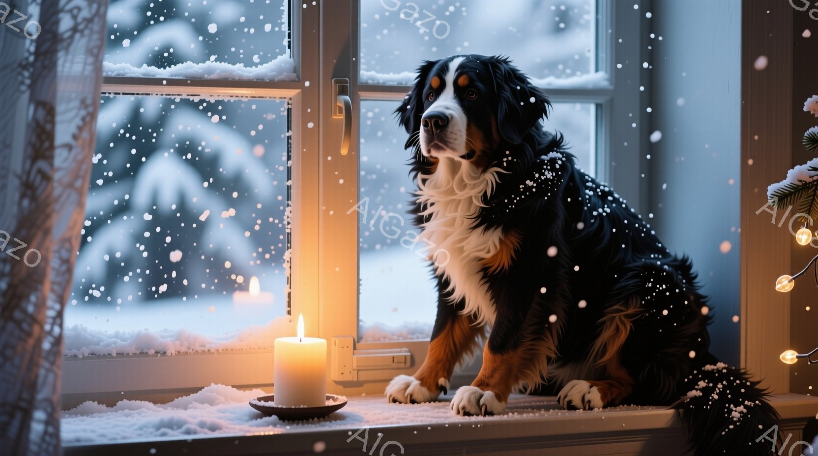 白い窓枠に座り、窓の外の雪景色を見つめる、黒と白の毛並みの大きな犬が写っている。窓台には点灯した白い蝋燭が置かれ、柔らかい光が犬の姿を照らし出している。外は雪が降り積もり、クリスマスの飾りライトが輝く - AI生成フリー素材