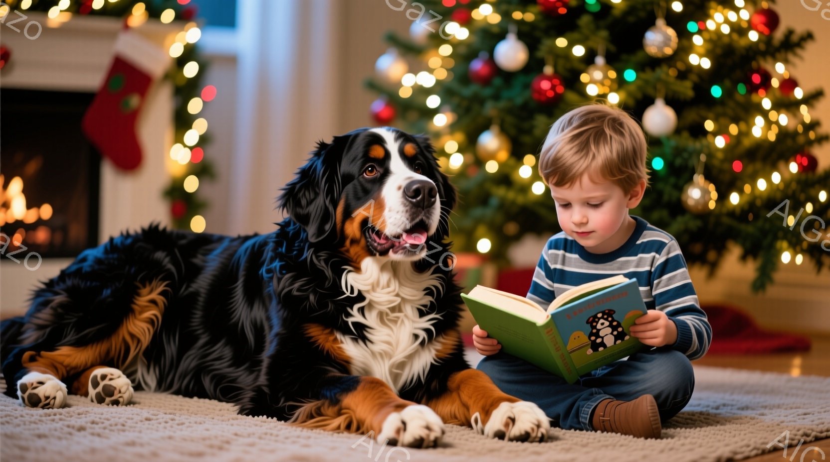 暖炉とクリスマスツリーが飾られた室内で、少年が床に座って本を読んでいます。少年は青いセーターと濃い色のズボンを着用し、金髪を短く切っています。大きなバーニーズ・マウンテン・ドッグが少年の横に横たわり、 - AI生成フリー素材