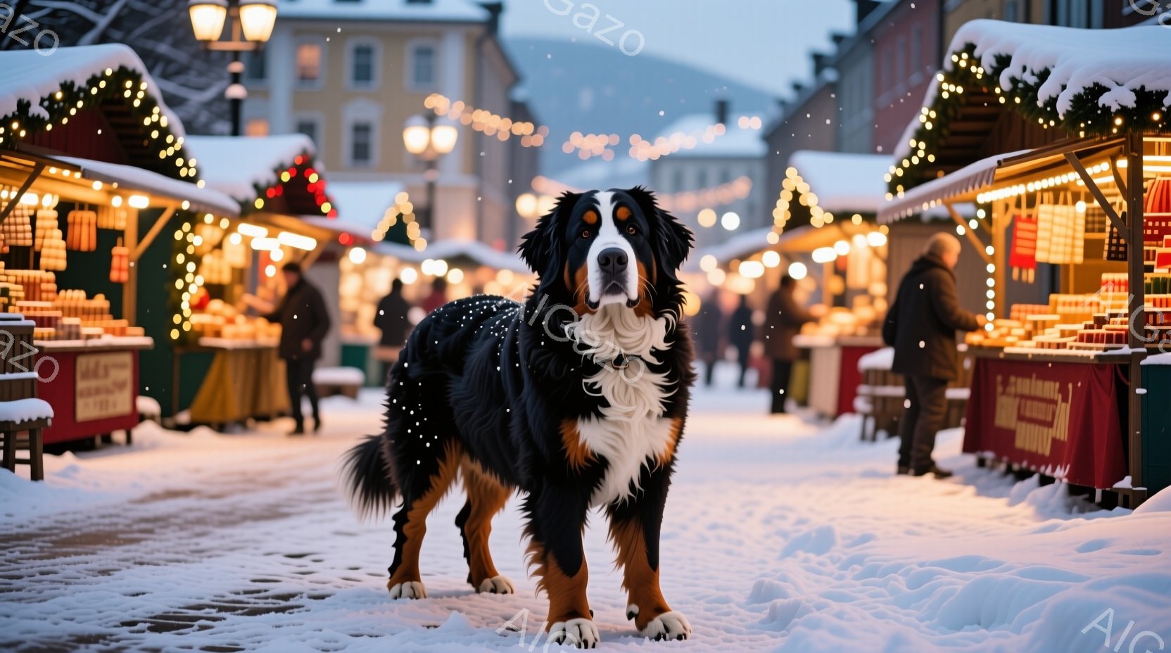 雪が舞う冬のマーケットで、大きなバーニーズ・マウンテン・ドッグが正面を向いて立っている。背景には、クリスマスライトで飾られた屋台が並び、人々が歩いているのがぼんやりと見える。全体的に温かく、祝祭的な雰囲気が漂い、雪景色が幻想的な光景を作り出している。