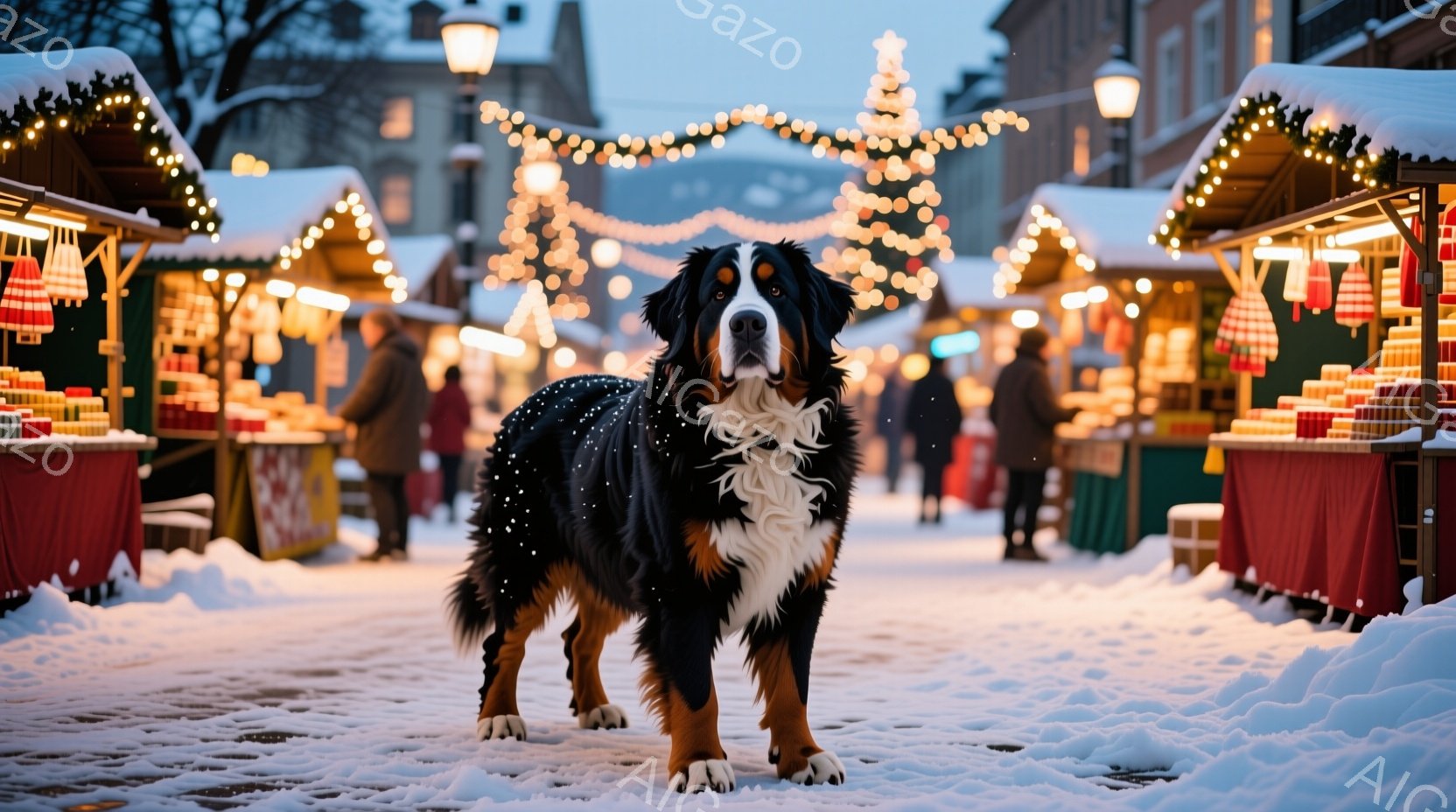 雪が降る賑やかなクリスマスマーケットの通りに、堂々としたベルン山犬が立っている。犬は黒、白、茶色の毛並みが美しく、自信に満ちた表情で正面を見据えている。背景には、飾り付けられた屋台や人々が見え、暖かく幻想的な雰囲気が漂っている。
