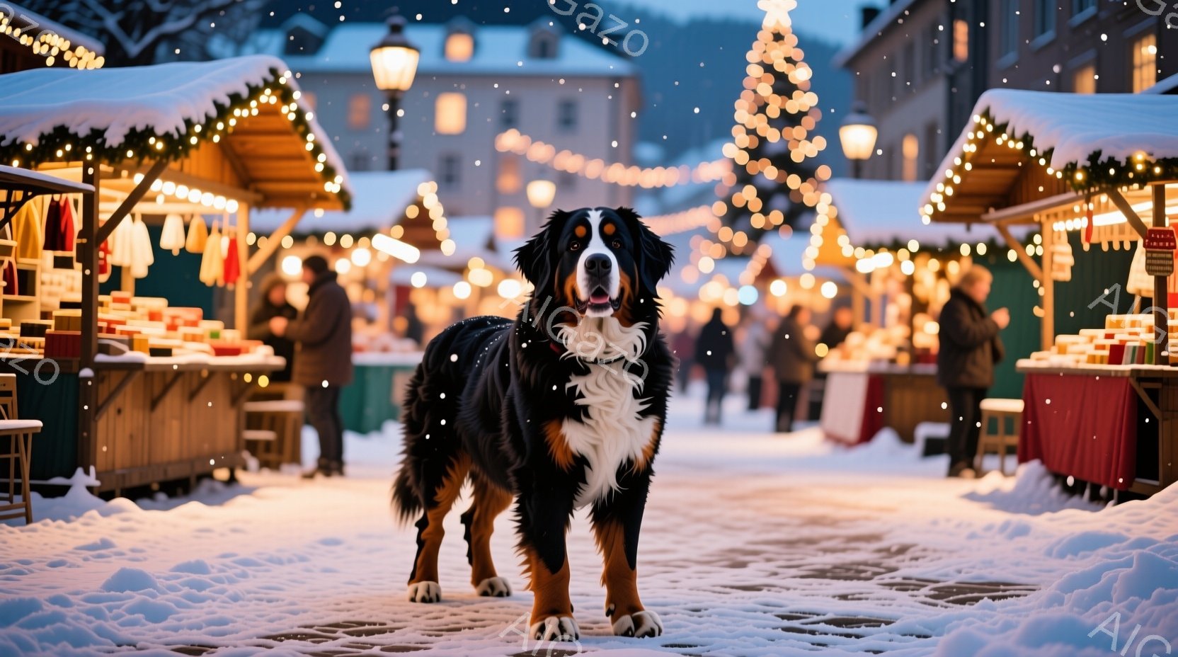 雪がちらつく市場の石畳の道に、ベルン山犬が凛々と立っている。犬は黒と白と茶色の毛並みが美しく、カメラ目線で少し微笑んでいるように見える。背景にはクリスマスマーケットの屋台が並び、温かい光が灯り、冬の幻想的な雰囲気を醸し出している。