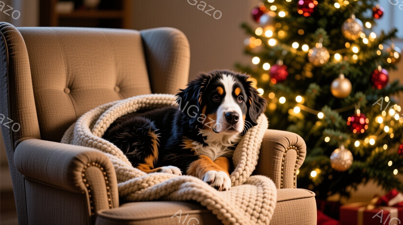 暖炉のそばにある大きなアームチェアに、毛並みの美しいバーニーズマウンテン・ドッグがゆったりと横たわっています。犬は白い毛布に包まれ、リラックスした表情でカメラを見つめており、クリスマスの飾り付けられたツリーが背景にぼんやりと見えます。全体的に、暖かく、居心地の良い、お祝いの雰囲気が漂っています。