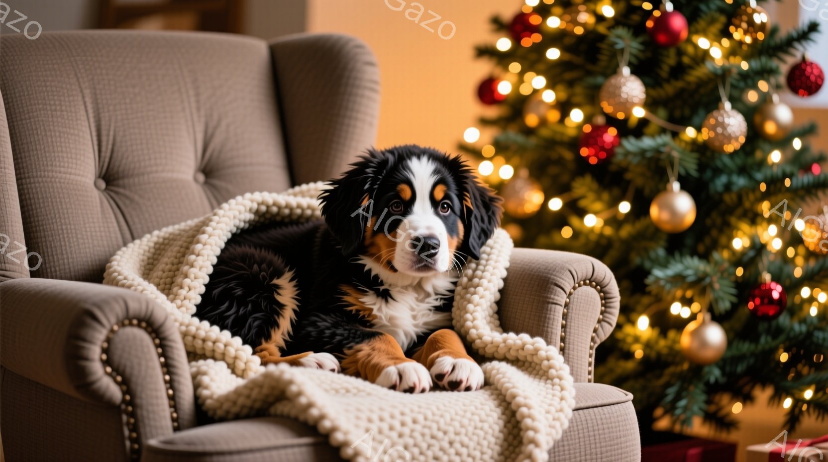 白い巻き毛の小型犬が、雪で覆われた家のポーチに立っている。犬は赤い首輪をつけており、前足を少し上げて凛とした姿勢で正面を見ている。背景にはクリスマスリースが飾られた黒い玄関ドアがあり、雪が舞う冬の夜の温かく穏やかな雰囲気を醸し出している。