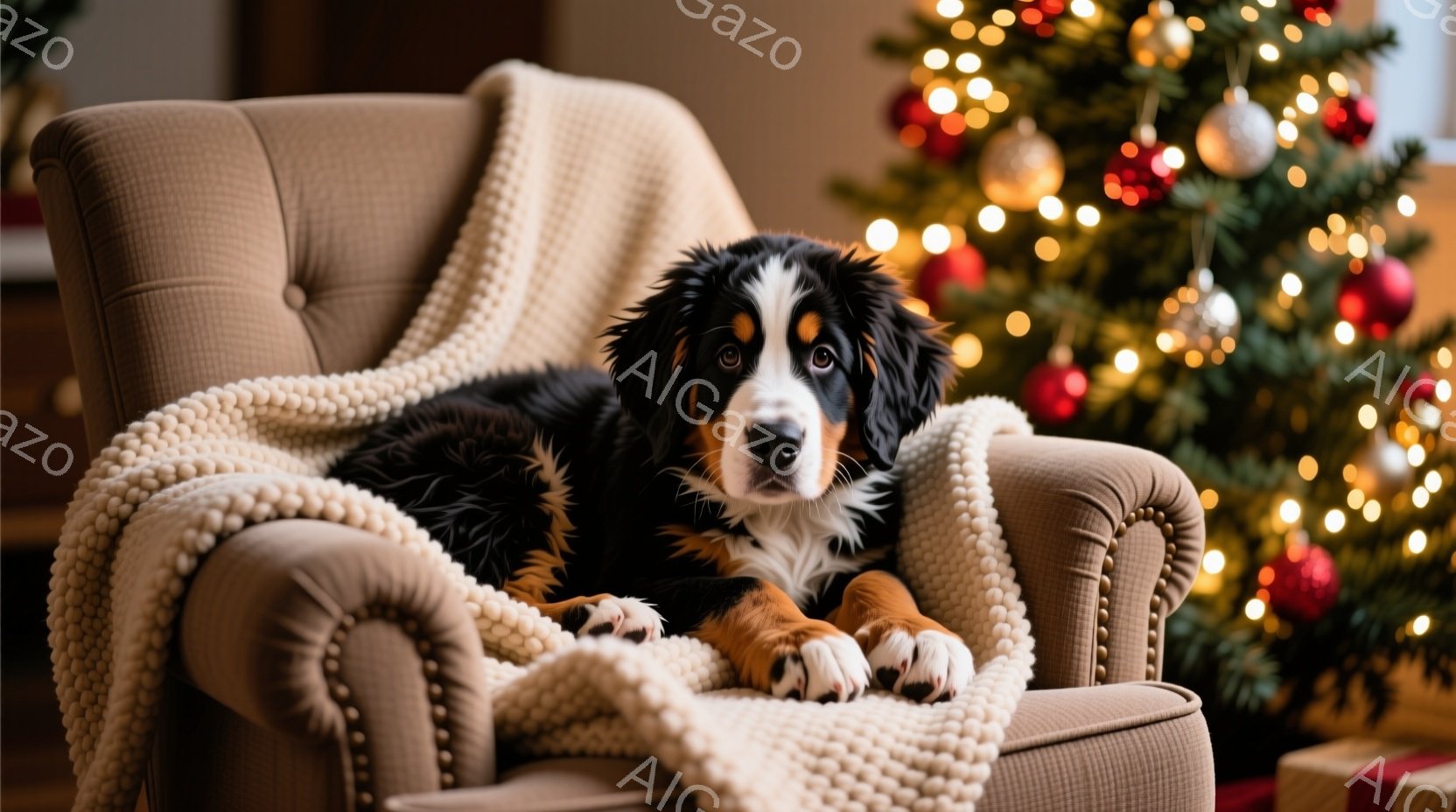 黒と白、茶色の毛並みを持つベルニアン・マウンテン・ドッグが、鋲で飾られたキャメル色の肘掛け椅子に横たわっています。犬はリラックスした様子で、柔らかいクリーム色のブランケットに包まれています。背景には、ぼやけたクリスマスツリーの光が輝き、暖かく、お祝いムードの室内空間が広がっています。