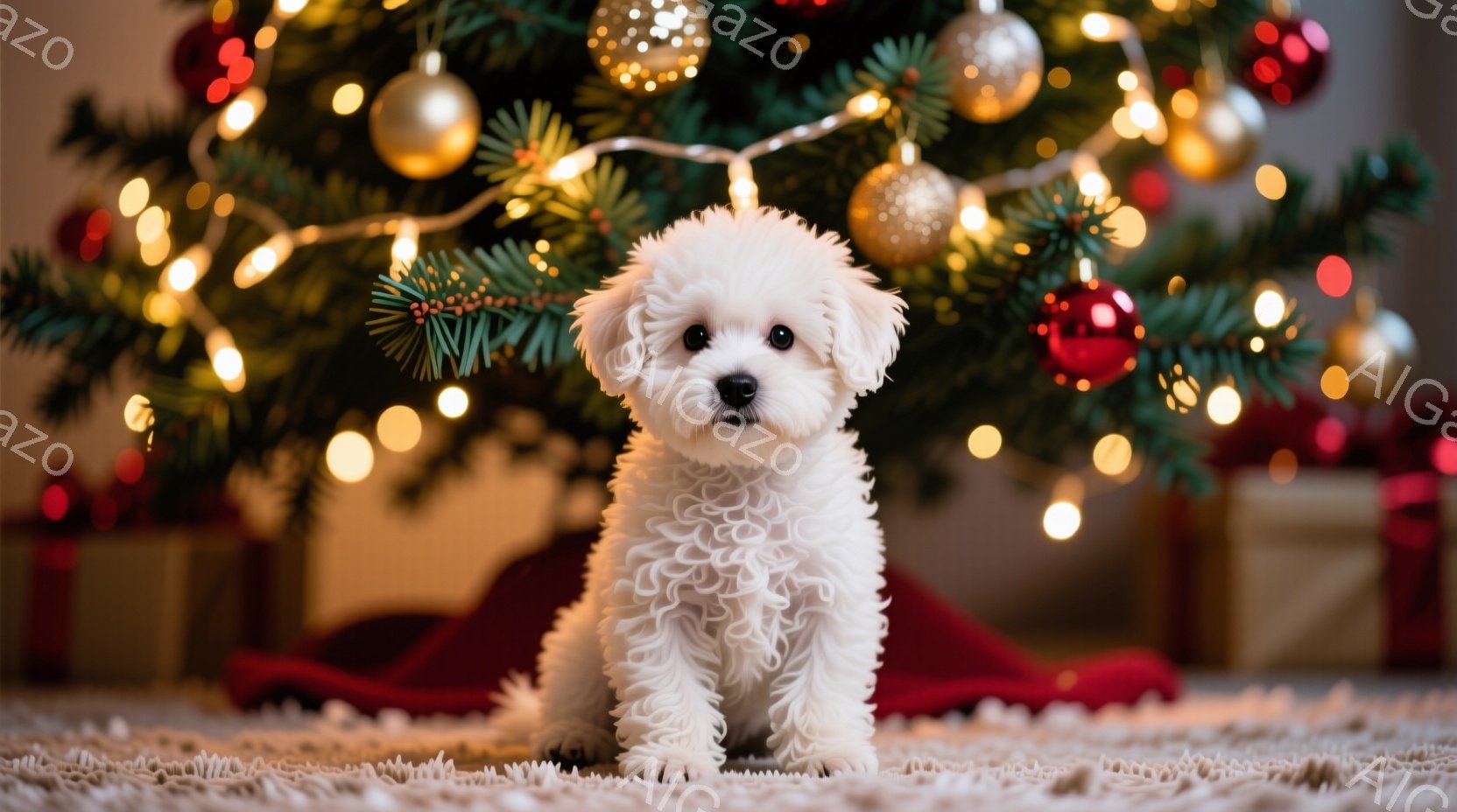 白いふわふわのマルチーズの子犬が、薄茶色の敷物の上に座ってこちらを見ています。背景には、キラキラと光るクリスマスツリーとプレゼントの箱があり、暖かいお祝いの雰囲気が漂っています。子犬は愛らしい表情で、クリスマスの喜びを象徴しているようです。