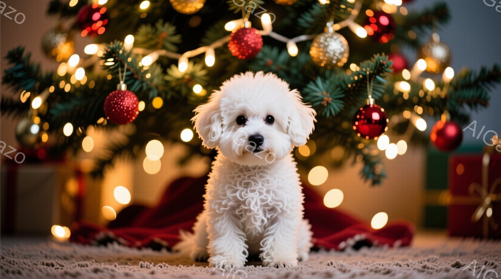 白い巻き毛の小さな犬が、クリスマスツリーの前に座っています。背景には、キラキラと輝く電飾と赤い装飾が飾られたクリスマスツリー、そしてプレゼントボックスが見えます。全体的に暖かく、お祝いムードに満ちた、 - AI生成フリー素材