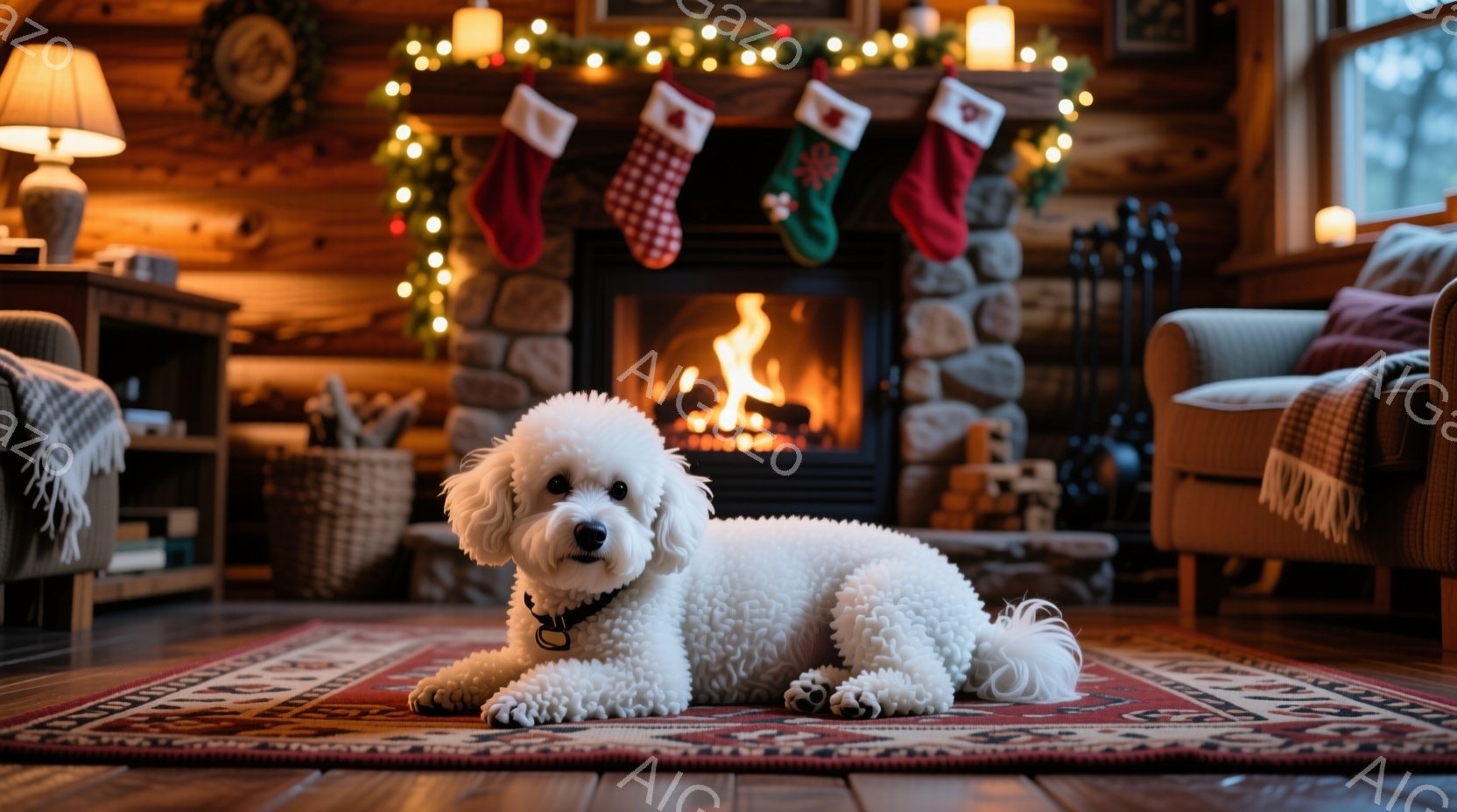 白い巻き毛の犬が、暖炉の前に敷かれた赤い絨毯の上で横たわっています。暖炉にはクリスマスの靴下が飾られ、火が暖かく燃えています。背景は木の壁で、居心地の良い暖炉のある部屋で、全体的にリラックスしたクリス - AI生成フリー素材