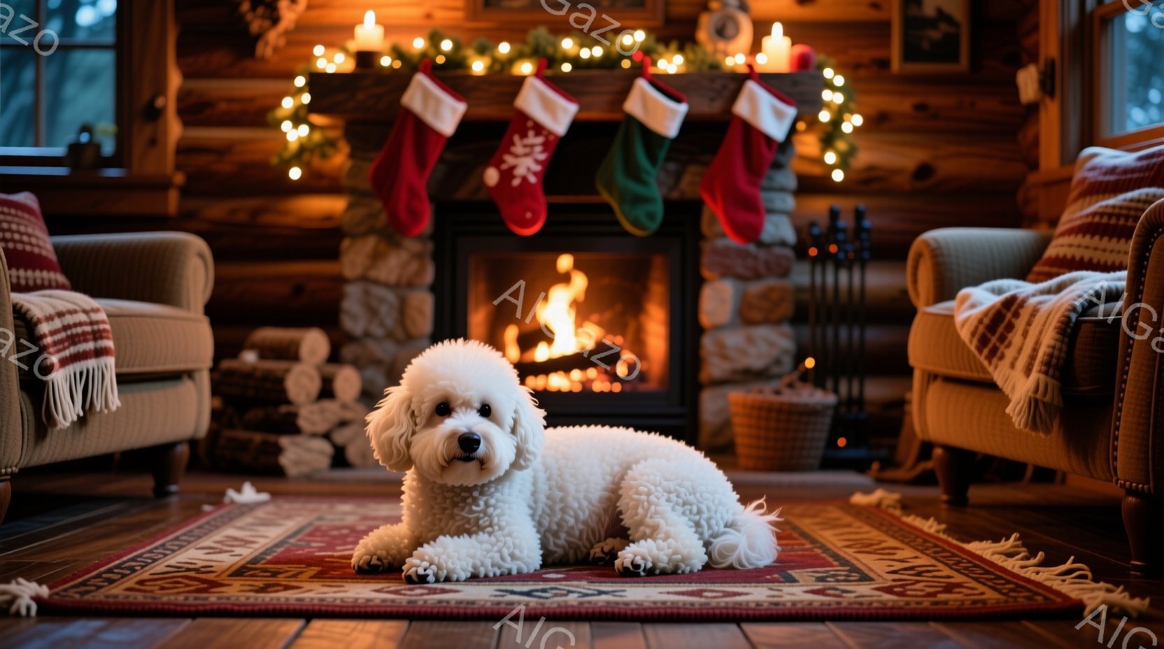 白いプードルが、暖炉の前にある赤い柄のラグの上に横たわっています。背景には、クリスマス柄の靴下が暖炉の Mantelpiece に飾られ、暖炉の中で火が燃えています。部屋は木造で暖かく、クリスマスの雰囲気が漂い、落ち着いた雰囲気です。