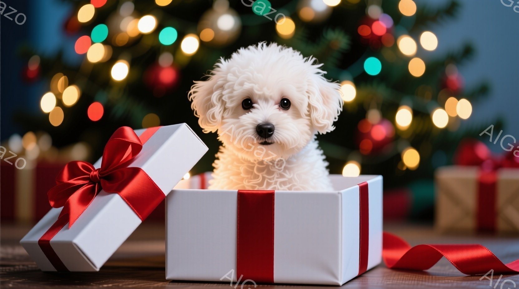 白いふわふわの犬が、赤いリボンで飾られた白いギフトボックスの中から顔を出しています。犬は少し好奇心旺盛な表情でカメラを見ており、ふわふわとした毛並みが可愛らしいです。背景にはぼやけたクリスマスツリーの光があり、全体的に温かくお祝いムードに満ちています。