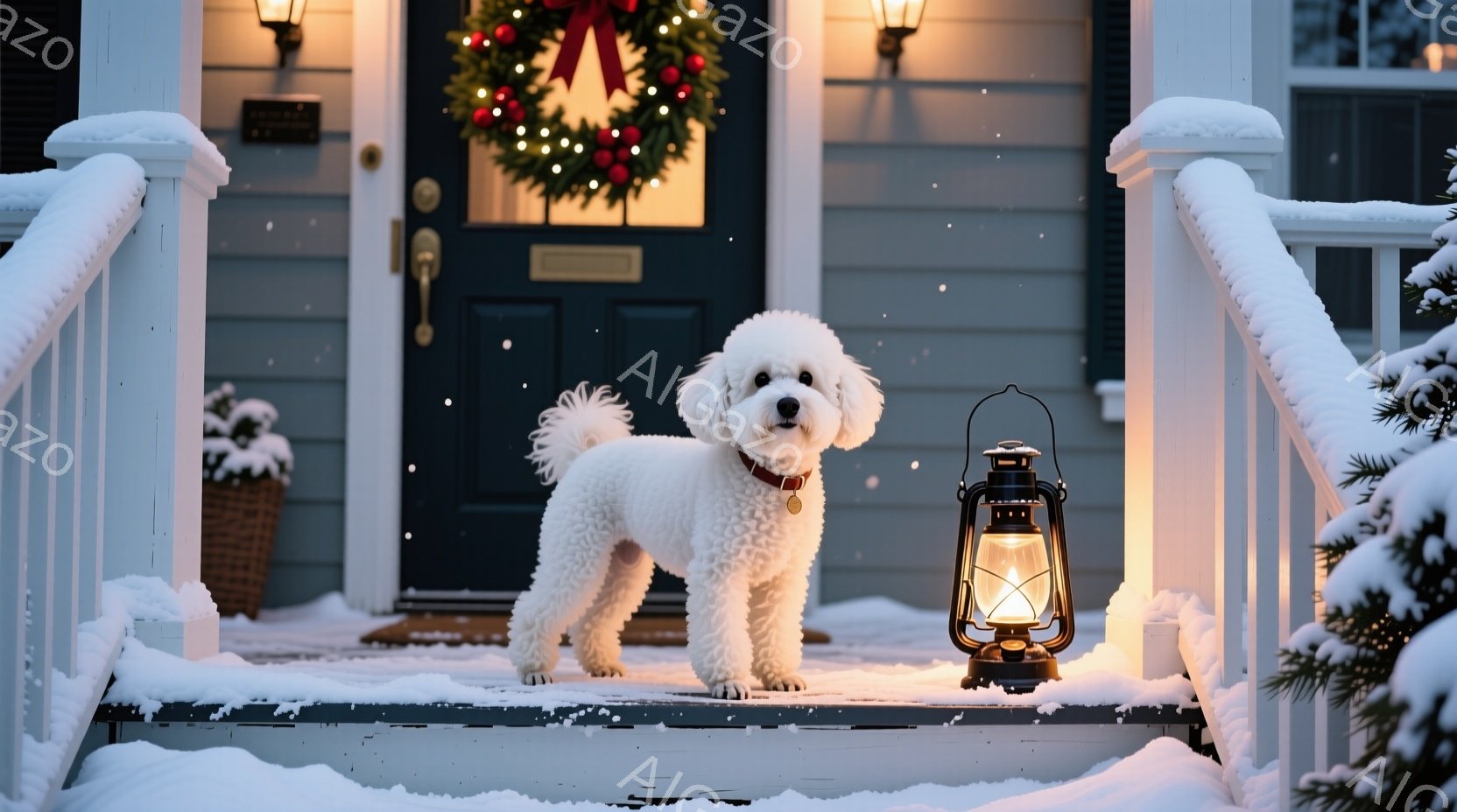 白い巻き毛の犬が、雪で覆われた家の玄関の階段に立っています。クリスマスのリースが飾られたドアと、暖かく光るランタンが犬を照らし、冬の穏やかで温かい雰囲気を醸し出しています。雪が舞い降り、家の周りの木々 - AI生成フリー素材