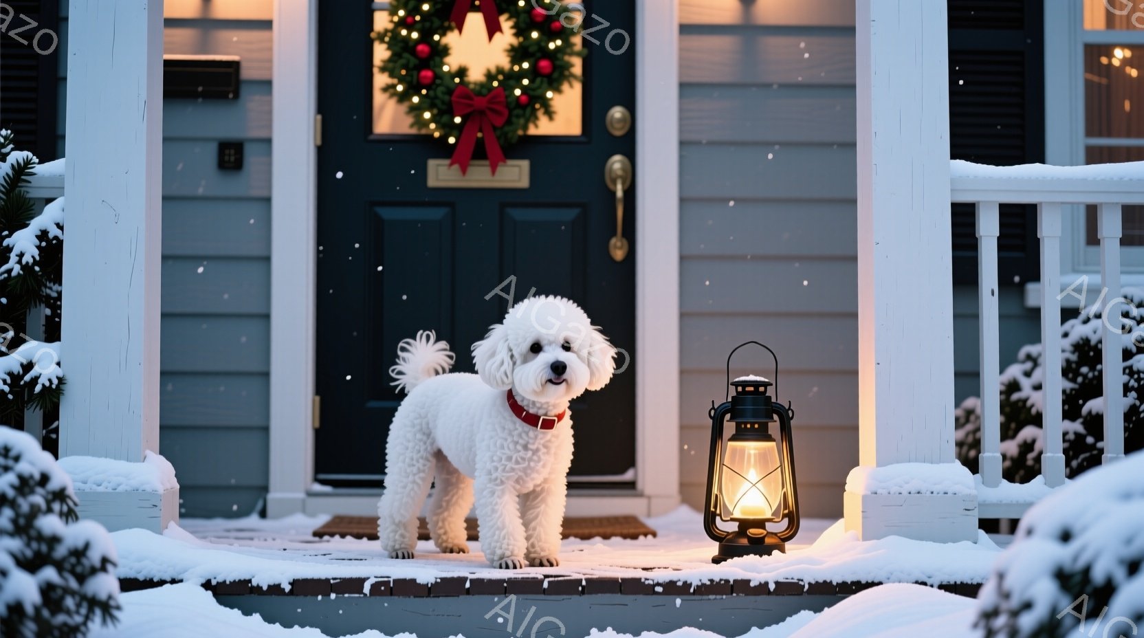 白い巻き毛の犬が、雪で覆われた家の玄関のステップに立っている。赤い首輪をつけ、少し前を見ている表情は穏やかだ。背景には、クリスマスリースが飾られた黒いドアと、雪に覆われた手すりや植物が見え、暖かな光が - AI生成フリー素材