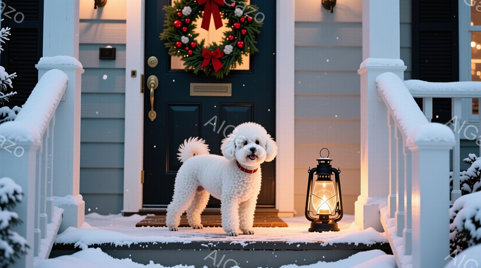 白いプードル犬が雪に覆われた広場に座っており、赤い首輪をつけている。背景には、きらびやかなクリスマスツリーと、ライトアップされた建物が並び、雪が舞っている。全体的に、温かく幻想的な冬の雰囲気が漂ってい - AI生成フリー素材