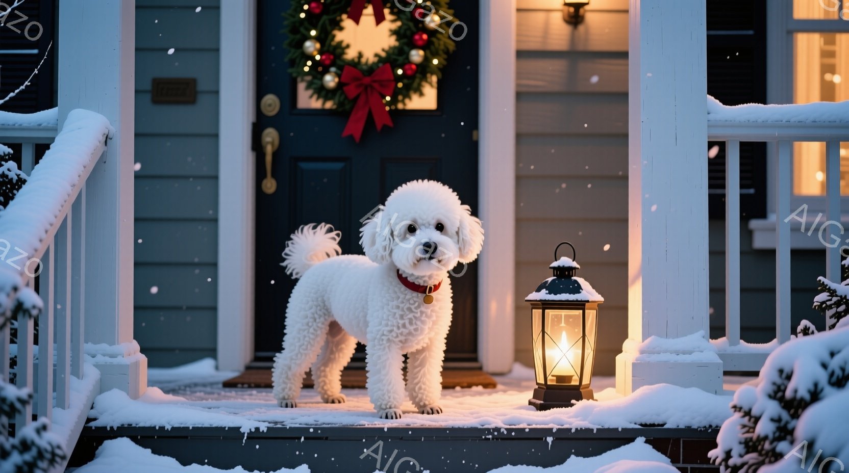 白い巻き毛の犬が、雪で覆われた家のポーチの階段に立っている。赤い首輪をつけ、正面を見つめており、表情は穏やかだ。背景にはクリスマスリースが飾られた玄関ドアがあり、暖かい光が灯ったランタンが犬の横に置か - AI生成フリー素材