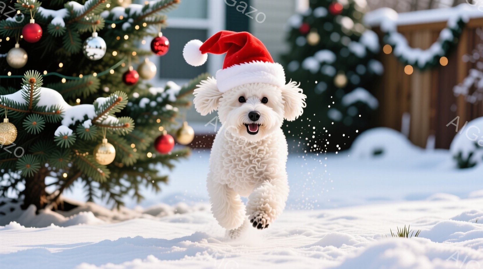 白い巻き毛の犬が、頭にサンタ帽をかぶり、雪の中を駆けている。背景には、クリスマスオーナメントで飾られたクリスマスツリーが複数見え、雪景色の中で暖かく楽しい雰囲気を醸し出している。犬は口を開けて笑顔を見 - AI生成フリー素材