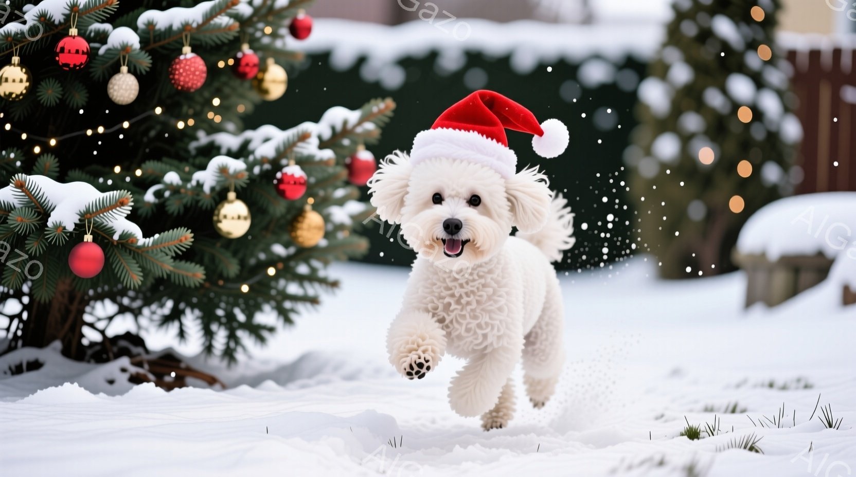 白い巻き毛の犬が雪の中を走り、赤いサンタ帽を被っている。背景には、オーナメントで飾られたクリスマスツリーと雪が積もった庭が見え、冬の暖かく楽しい雰囲気が漂う。犬は口を開けて楽しそうに走り、幸福感に満ち - AI生成フリー素材