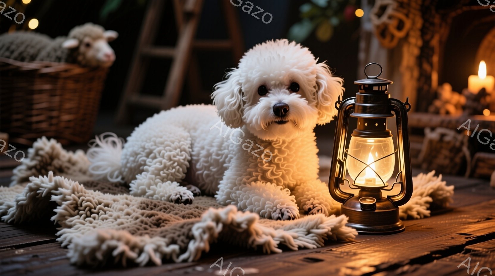 白い巻き毛の犬が、フワフワとした白いラグの上に横たわっています。背景には籐で編まれたバスケットと、ぼんやりと光るキャンドルやランタンが見え、温かみのある雰囲気を醸し出しています。犬はリラックスした様子で、穏やかな光に照らされた室内またはテラスでくつろいでいるようです。