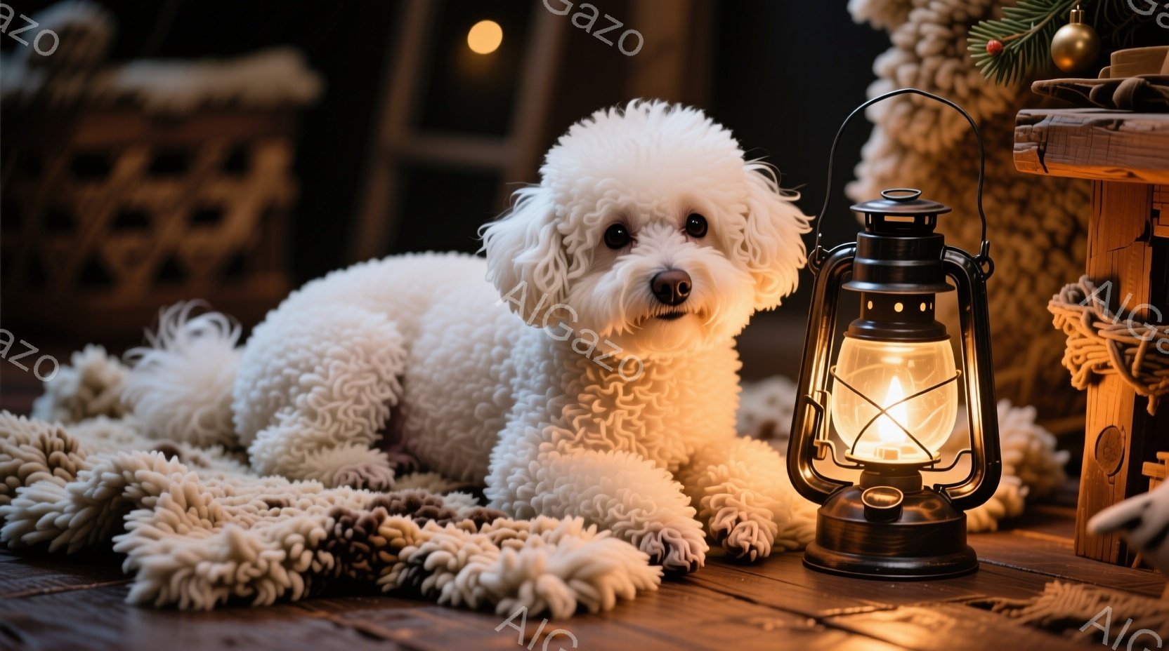 白い巻き毛の犬が、ふわふわの白いラグの上に横たわっています。傍らには、暖かく光るオイルランプが置かれ、暗い背景に温かい光を投げかけています。全体的に、リラックスした、心地よい、冬の雰囲気を醸し出しています。