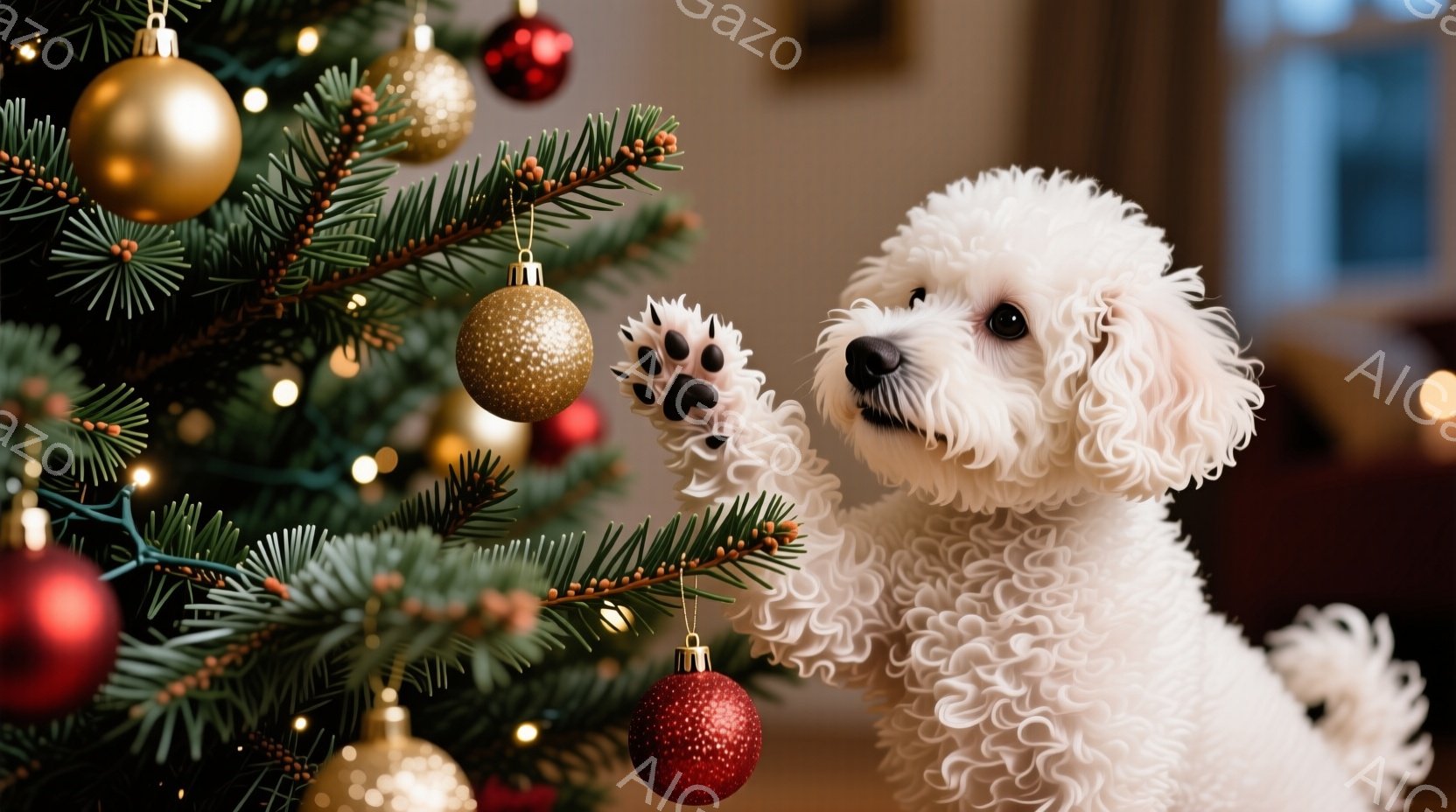 白い巻き毛の犬がクリスマスツリーの枝に前足を伸ばして、赤いオーナメントに触れようとしています。背景には緑のクリスマスツリーの葉と、金色のオーナメントが輝き、暖かくお祝いの雰囲気が漂っています。犬は少し - AI生成フリー素材