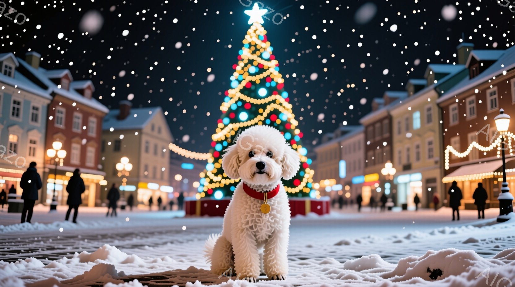 白いビション・フリーゼが、雪が積もった広場に座ってこちらを見ています。背景には、色とりどりのライトで飾られた大きなクリスマスツリーと、ヨーロッパ風の建物が並び、雪が舞い降りています。暖かく華やかなクリ - AI生成フリー素材