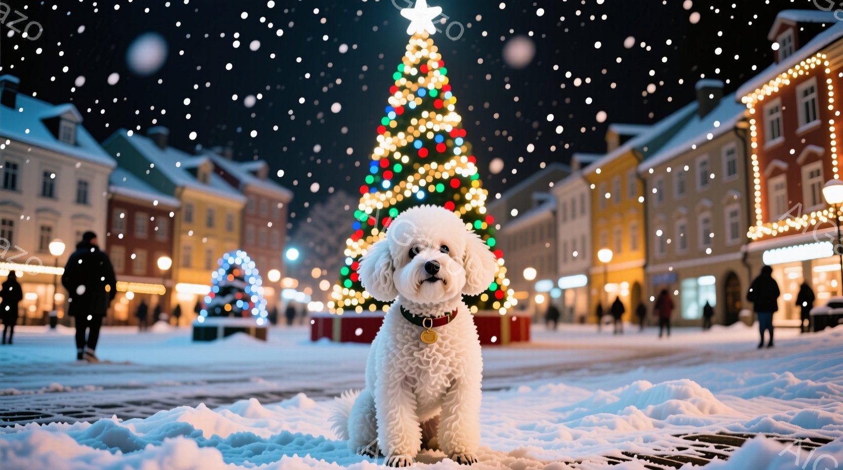 白い巻き毛の犬が雪の上に座っており、赤い首輪をつけています。背景にはクリスマスツリーが輝き、周りの建物もイルミネーションで飾られています。雪が降り積もり、暖かい祝祭の雰囲気が漂う冬の夜の光景です。 - AI生成フリー素材