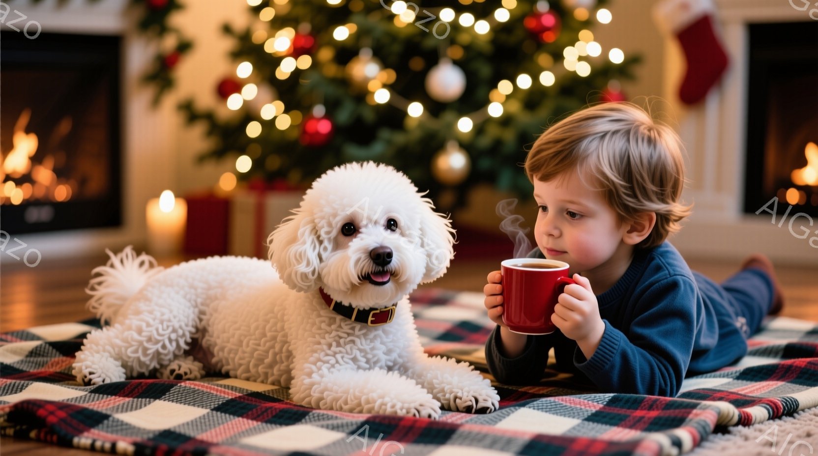 暖炉の前でチェック柄の敷物の上に横になっている男の子と白い犬が描かれています。男の子は紺色のセーターを着て、温かい飲み物を手に持っており、笑顔でリラックスした表情をしています。背景にはクリスマスツリー - AI生成フリー素材