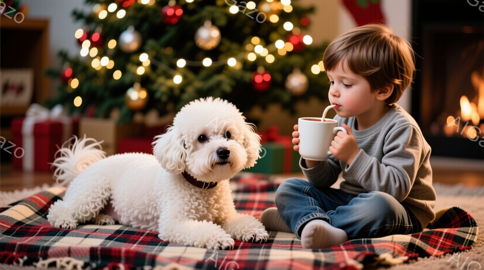 少年はグレーのセーターとジーンズ姿で、赤い格子柄のブランケットの上に座って、カップから何かを飲んでいます。隣には白いふわふわの犬が横たわり、少しこちらを見ています。背景にはクリスマスツリーが飾られ、暖 - AI生成フリー素材