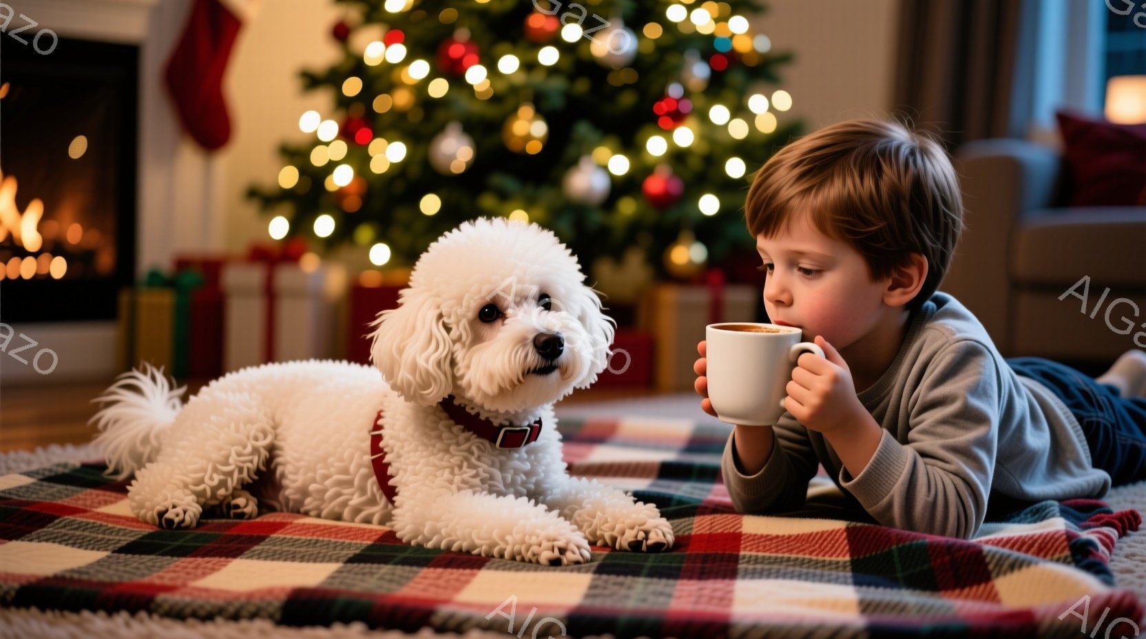少年は、白いマグカップを両手で抱え、温かい飲み物を楽しんでいます。ふわふわの白い犬が少年の横に横たわり、赤い首輪をつけてリラックスした表情を浮かべています。背景にはクリスマスツリーが飾られ、暖炉の火が - AI生成フリー素材