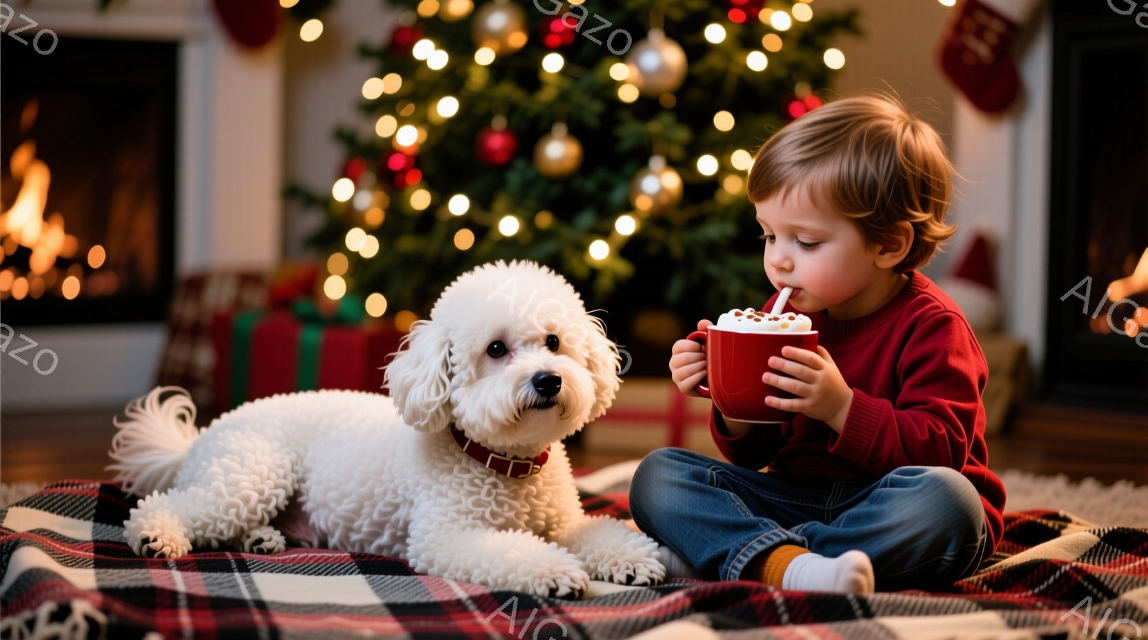 赤いセーターを着た幼い男の子が、ホットココアのような赤いカップに入った飲み物をストローで楽しそうに飲んでいます。ふわふわの白い犬が男の子の横に横たわり、リラックスした様子です。背景には、クリスマスツリーの温かい光が輝き、赤いチェックのブランケットの上に二人が座っている、暖かく居心地の良いクリスマスシーズンの一場面です。