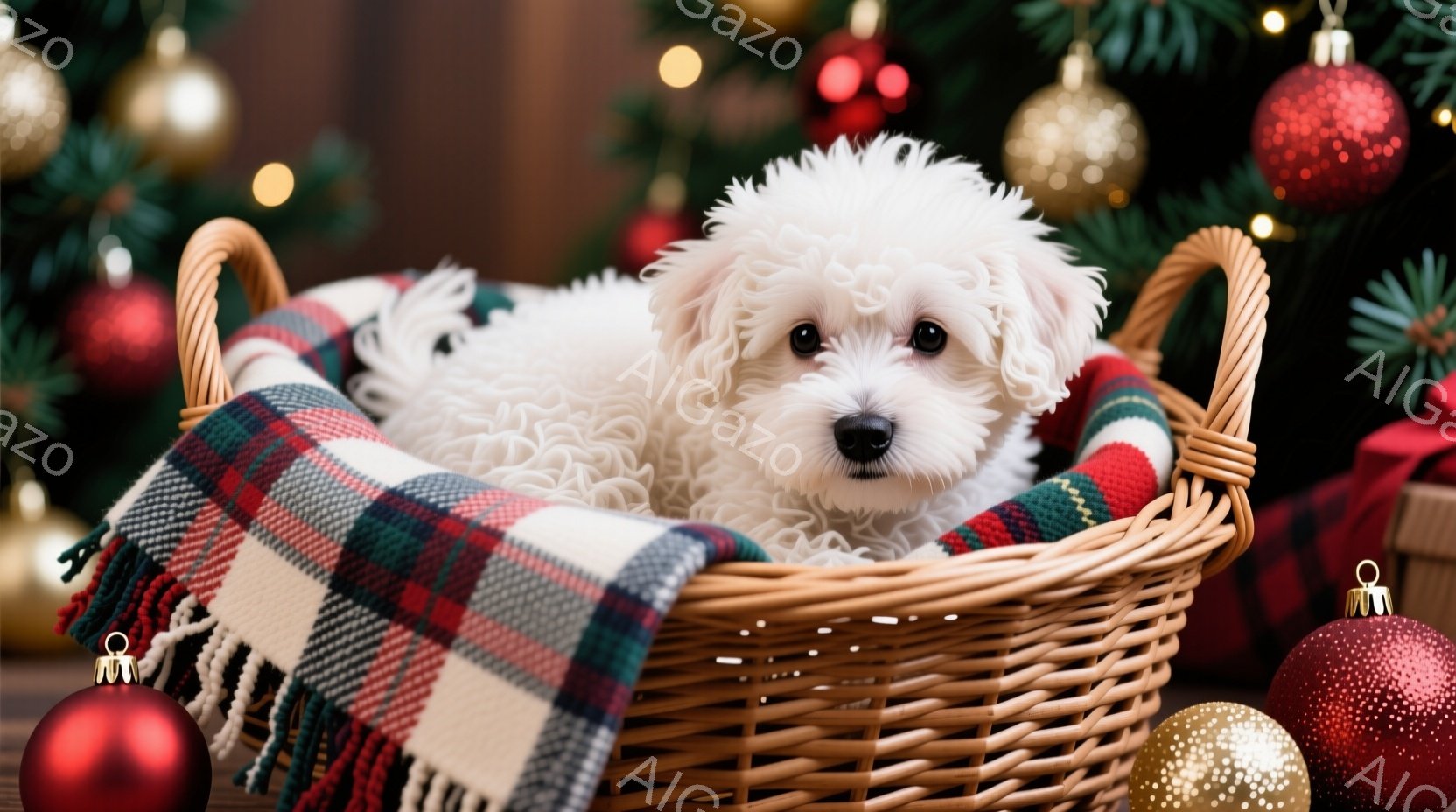 白いふわふわの犬が、赤と緑のチェック柄のブランケットの上に籐のバスケットの中で丸まって眠っています。背景には、キラキラ光るオーナメントで飾られたクリスマスツリーがあり、赤や金色のクリスマスボールが置かれています。全体的に、暖かく、居心地の良い、祝祭の雰囲気が漂っています。