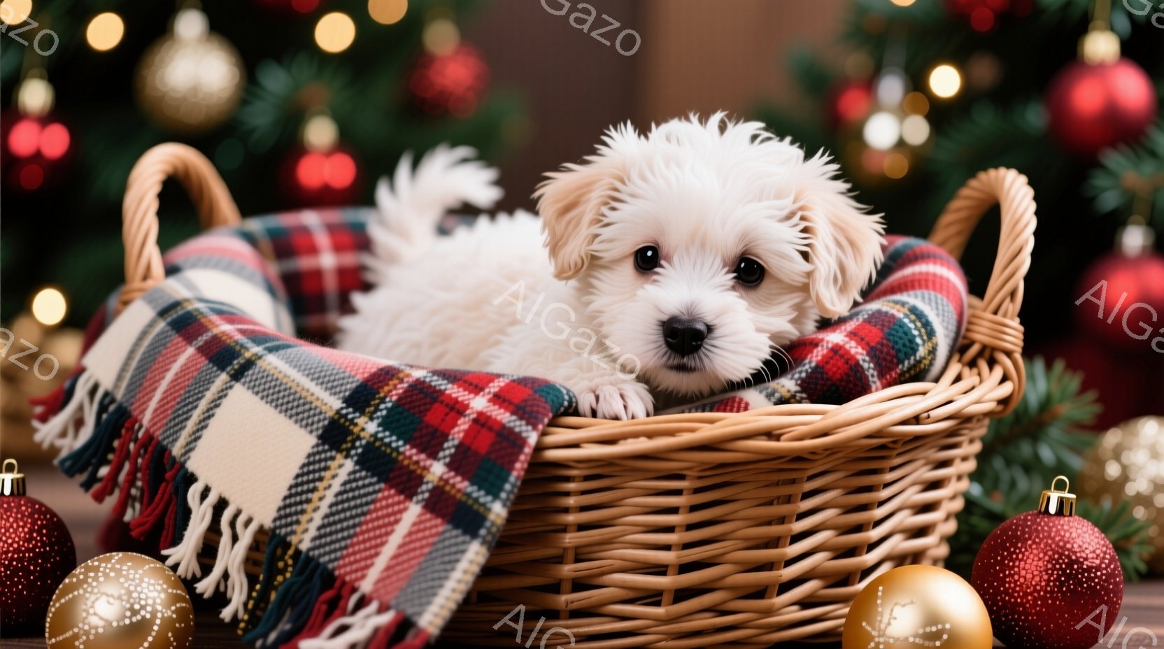 白いふわふわの犬が、赤と緑のチェック柄のブランケットが敷かれた籐の籠の中に丸まって眠っています。背景にはキラキラと輝くクリスマスツリーとオーナメントが見え、温かく幸せなクリスマスの雰囲気が漂っています - AI生成フリー素材