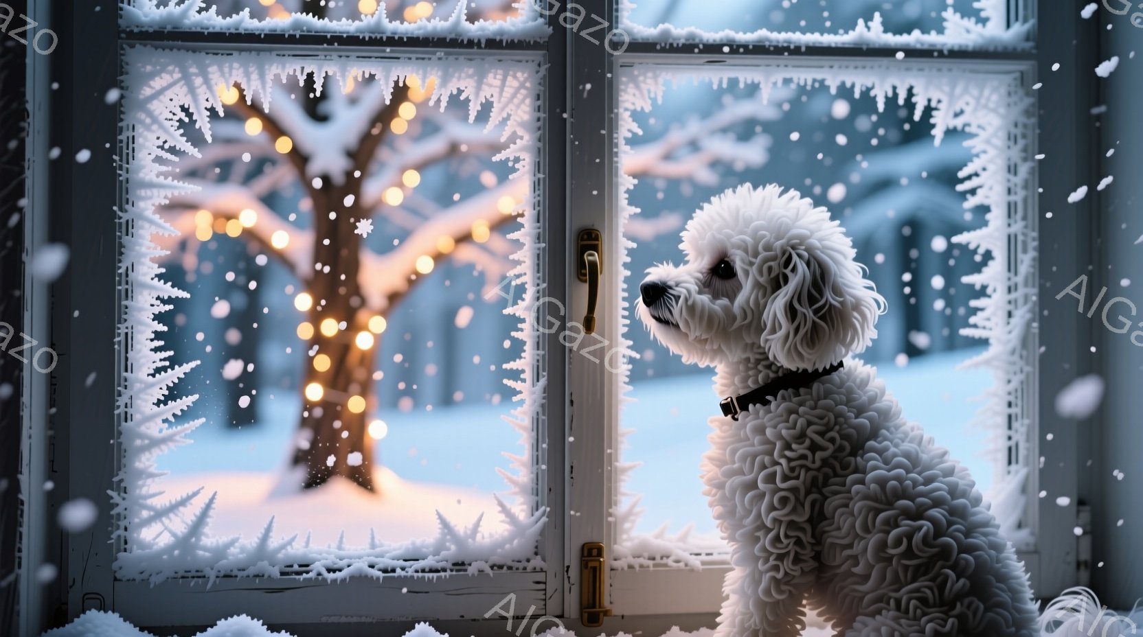 白い巻き毛の犬が窓辺に座り、外を眺めている。窓ガラスには雪や霜が降り積もり、外の木々には暖かい光が灯っている。冬の静かで穏やかな雰囲気が漂い、犬は少し物憂げな表情で、何かを待っているようにも見える。 - AI生成フリー素材