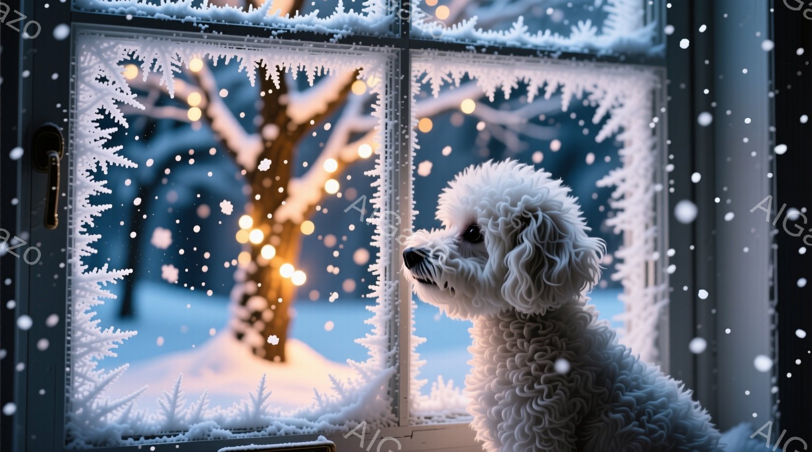 白い巻き毛の犬が窓から雪景色を眺めている。窓枠は霜で覆われ、外では木々が雪に覆われた冬の風景が広がっている。暖かく穏やかな雰囲気が漂い、犬は静かに雪景色を楽しんでいるようだ。 - AI生成フリー素材