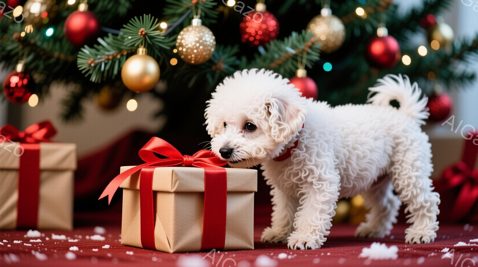 白い巻き毛の犬が、赤いリボンで飾られたプレゼントの箱の匂いを嗅いでいます。背景にはクリスマスツリーが飾られ、赤いオーナメントやキラキラした光が暖かく、お祝いの雰囲気を醸し出しています。赤いカーペットの - AI生成フリー素材