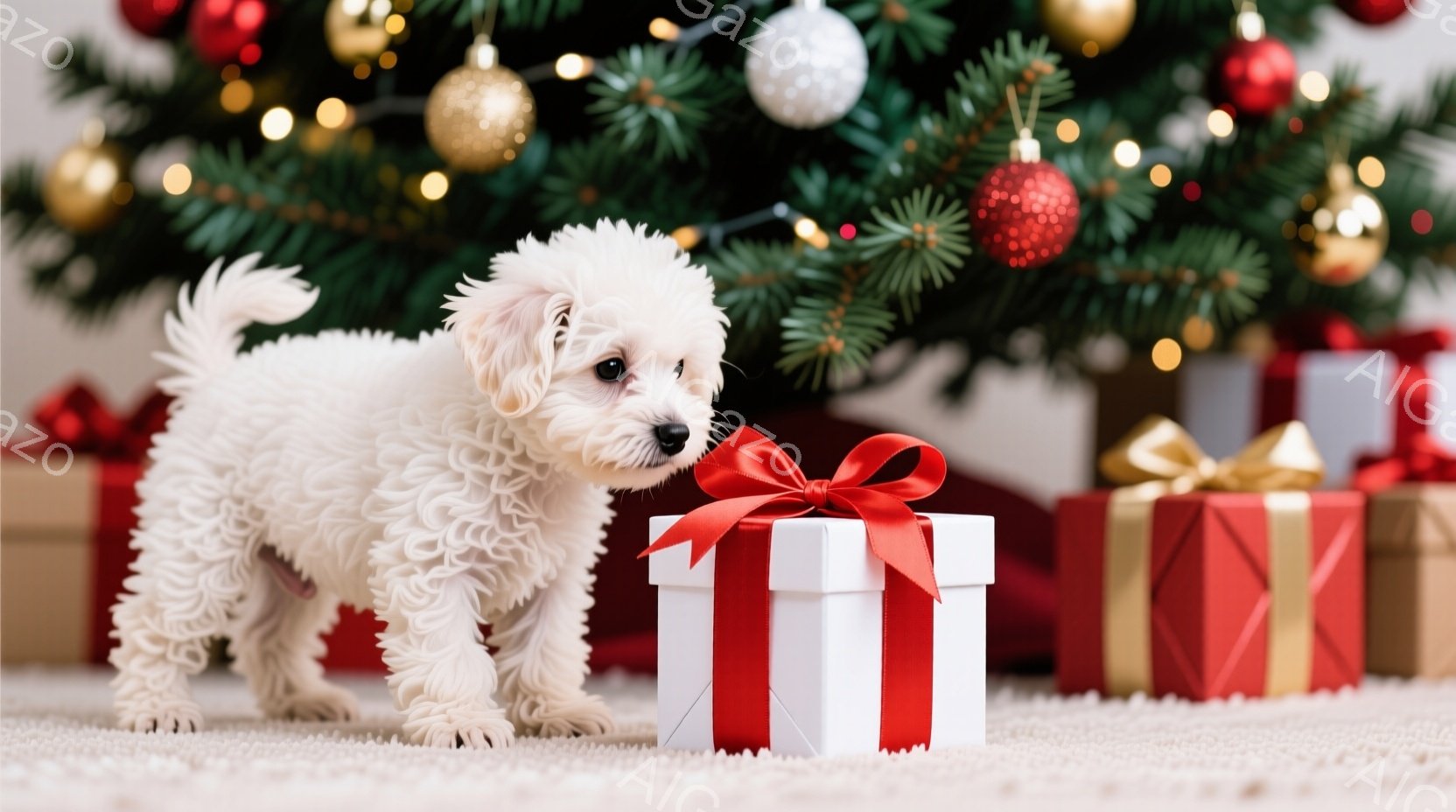 白いふわふわの犬が、赤いリボンが付いた白いプレゼントボックスの前にひざまずいており、興味津々とした表情でプレゼントを見つめている。背景には、クリスマスツリーが飾られ、赤いオーナメントやキラキラと光る電 - AI生成フリー素材